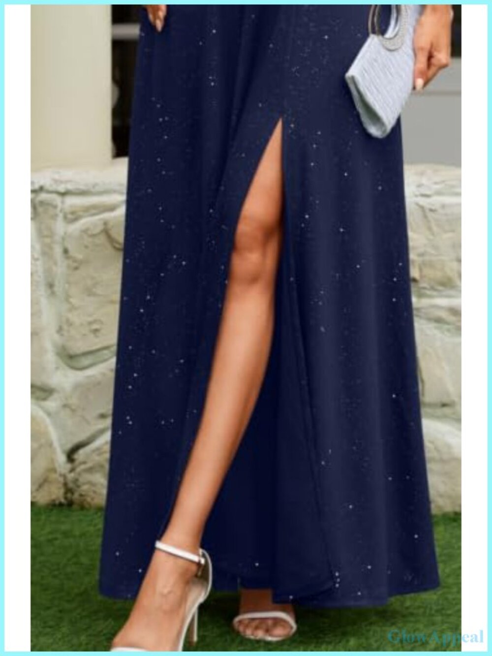 Glitter Knit Halter Neck A-Line Long Dress with Side Split Back Zipper - Picture 3 of 4